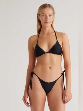 Quince Italian Black Triangle String Bikini Top with Gold Beads Large NWT